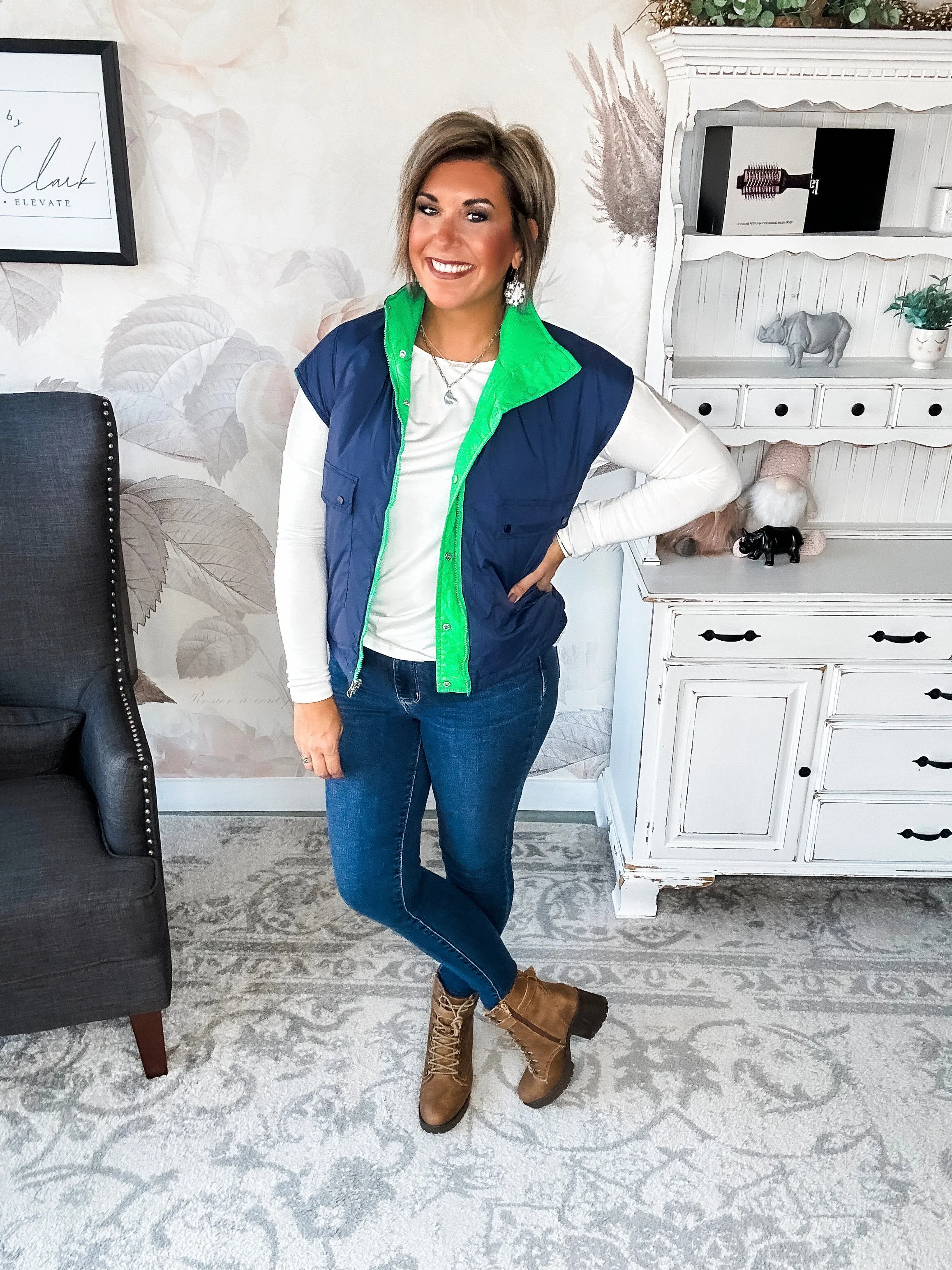 Stay Out All Night Reversible Puffer Vest - Navy/Green