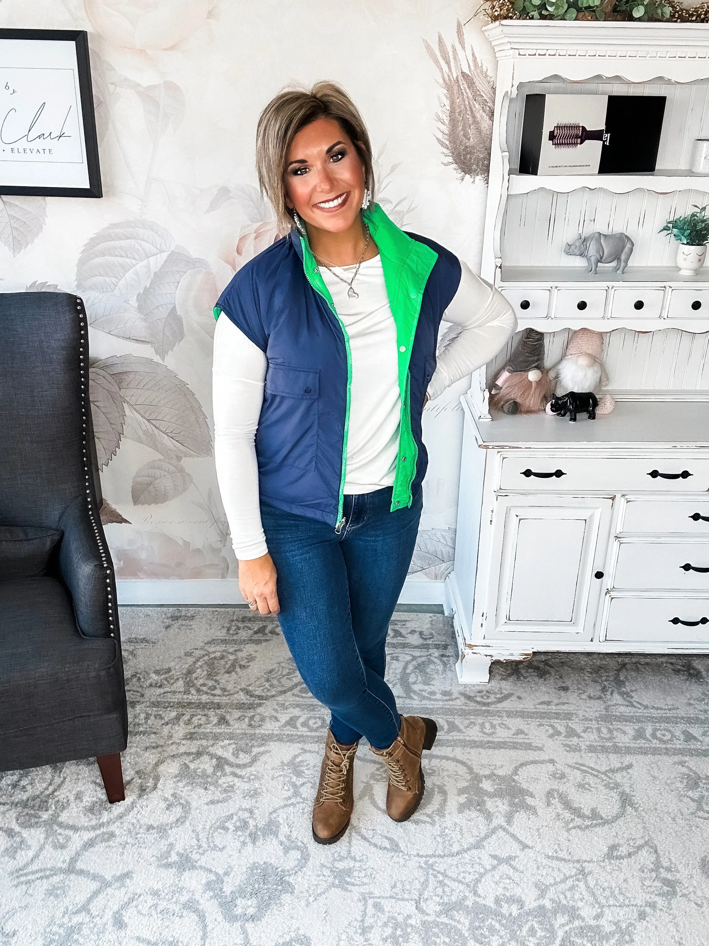 Stay Out All Night Reversible Puffer Vest - Navy/Green