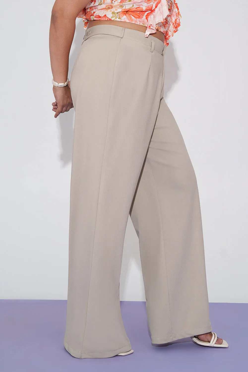 Stone Beige Curve Wide Leg Adjustable Korean Pants