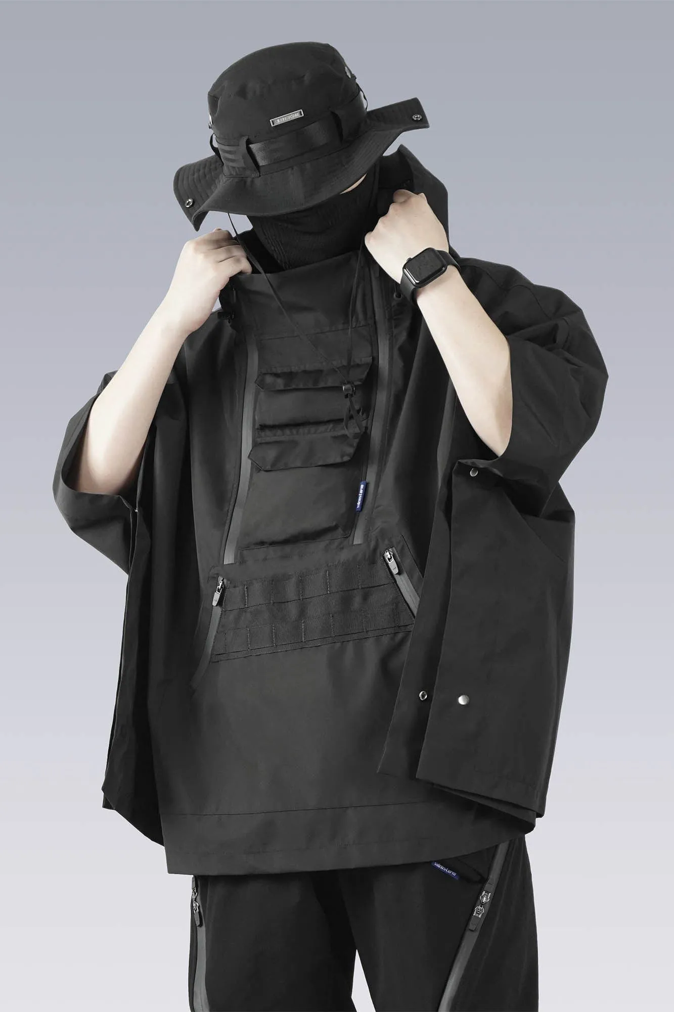 Techwear Poncho Jacket with Utility Chest Rig