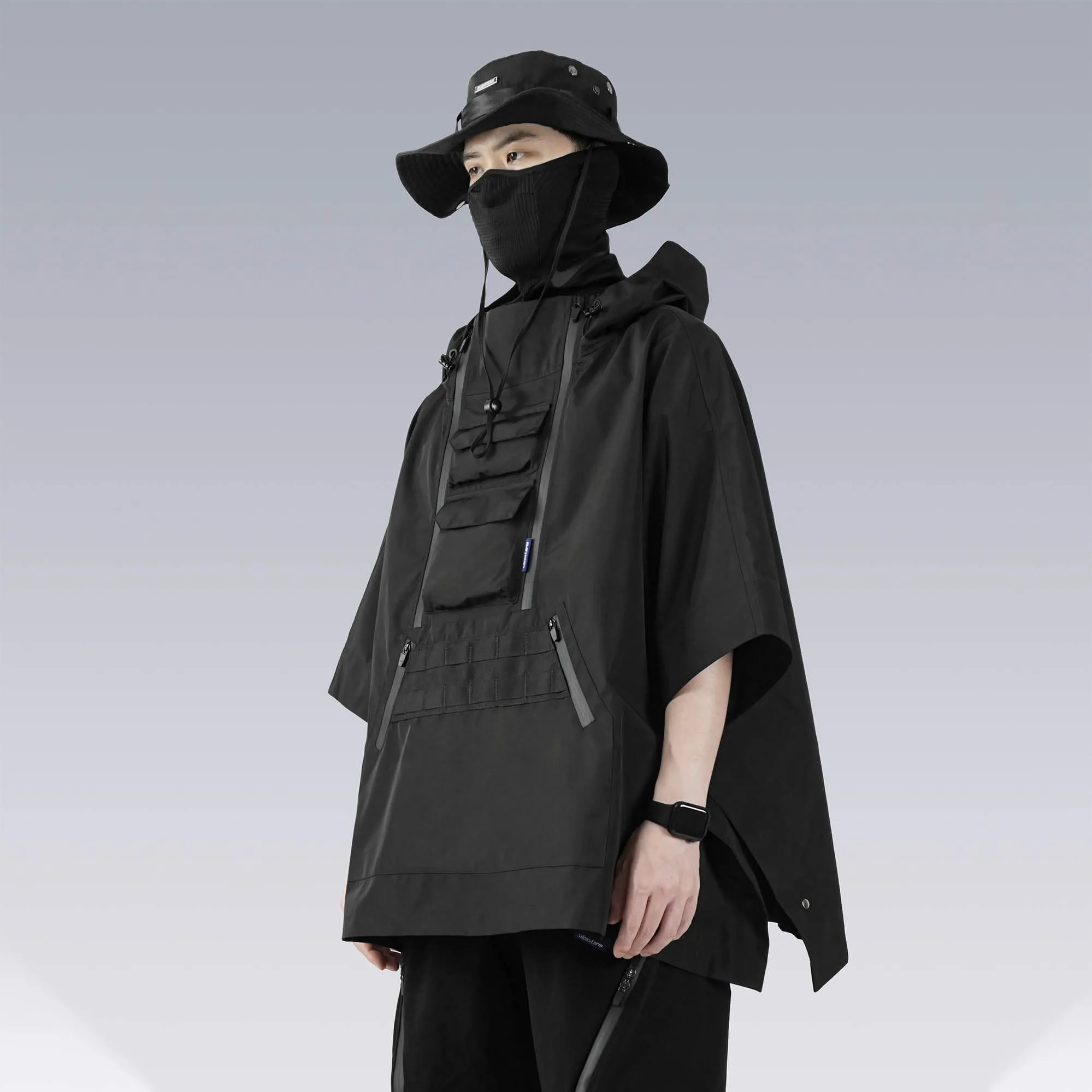 Techwear Poncho Jacket with Utility Chest Rig