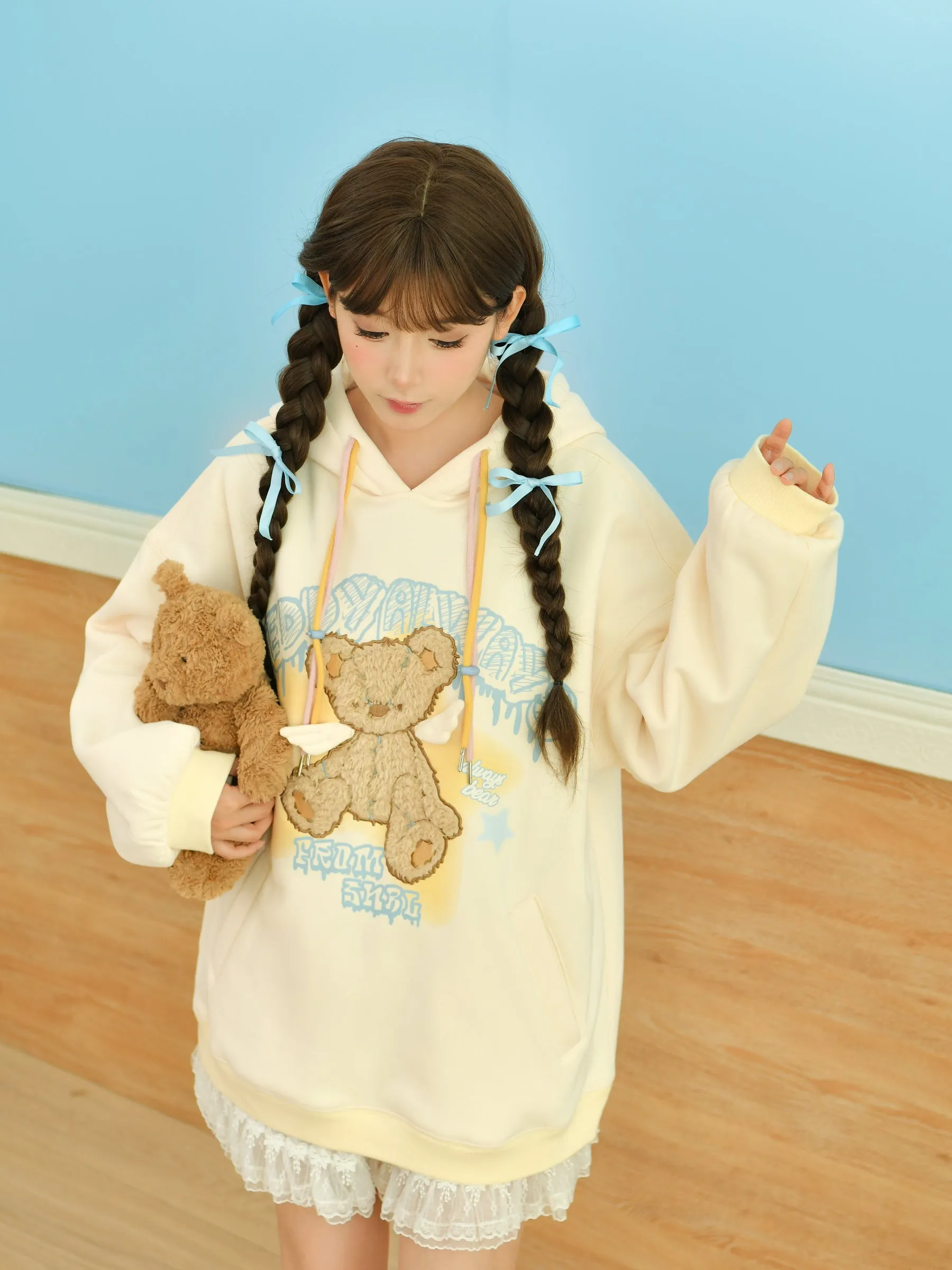 Teddy Always Cute Angel Bear Inner Fleece Hoodie