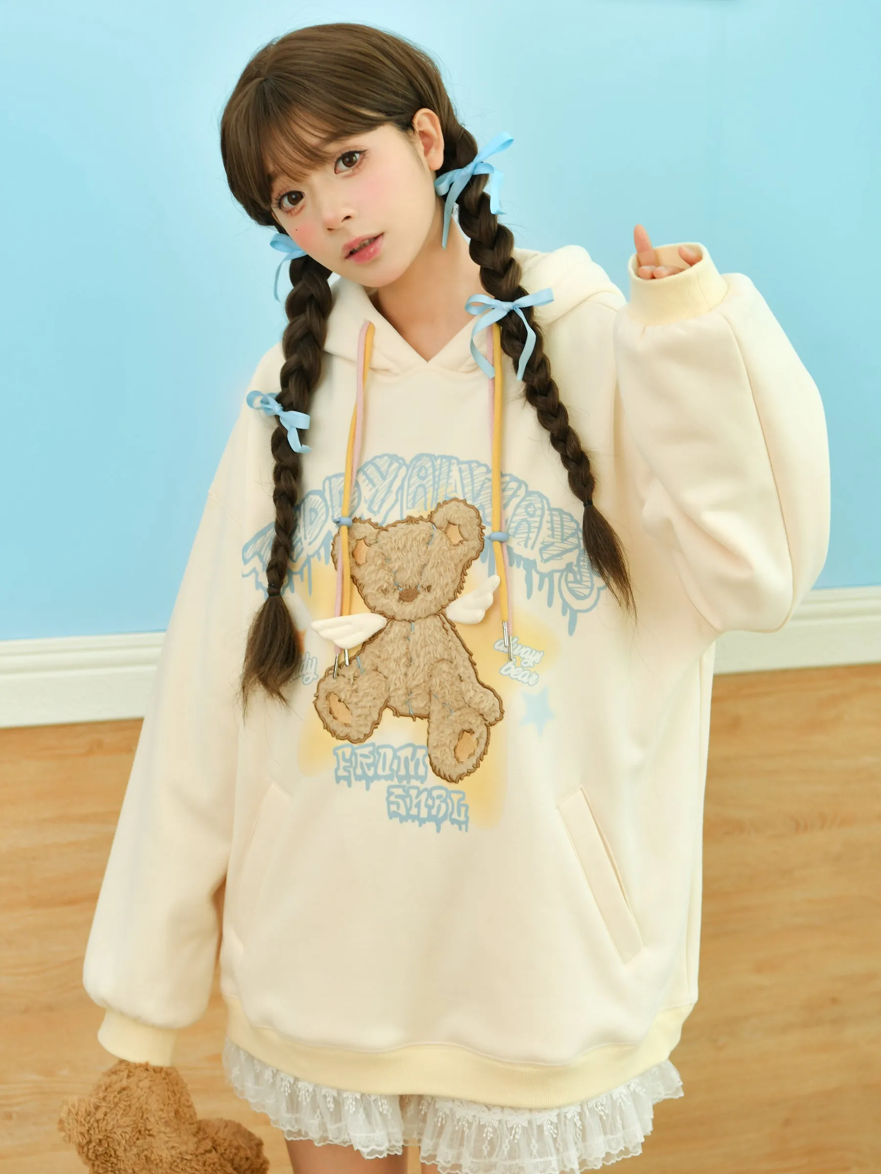 Teddy Always Cute Angel Bear Inner Fleece Hoodie