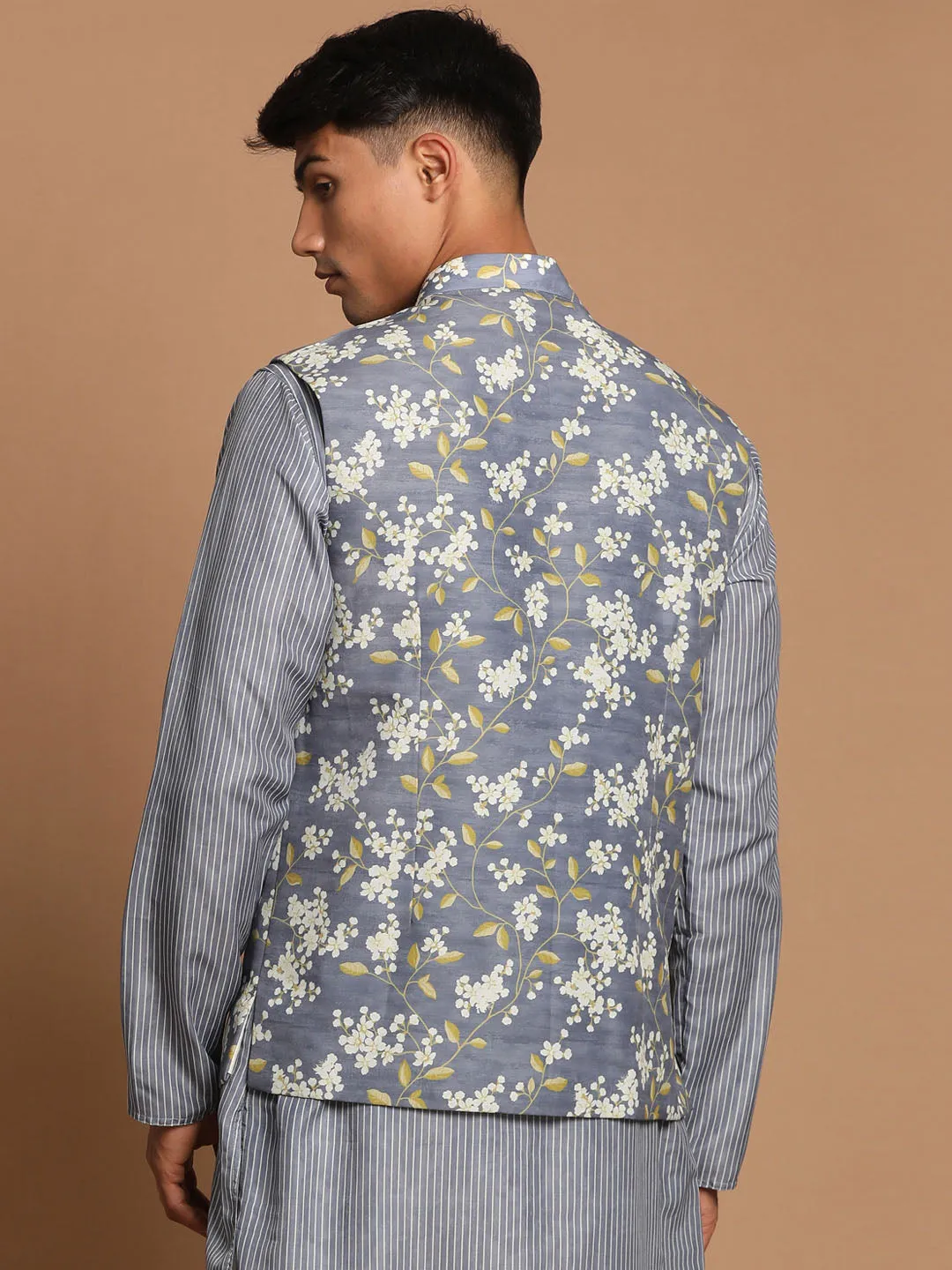 VASTRAMAY Men's Gray Floral Print Nehru Jacket