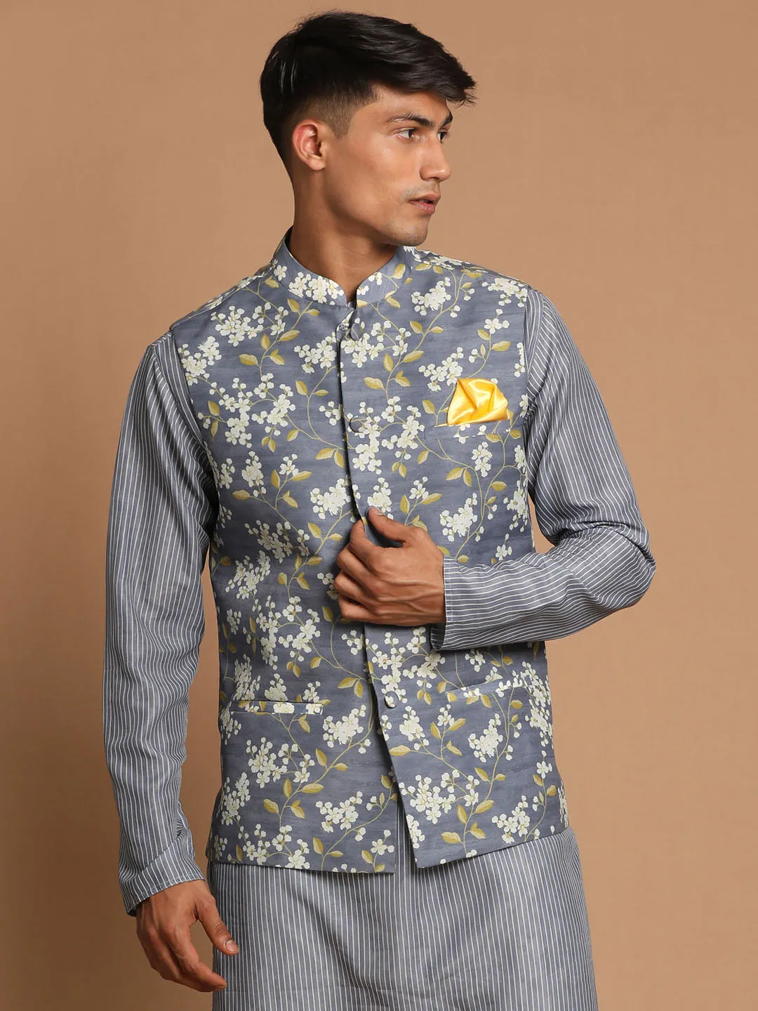 VASTRAMAY Men's Gray Floral Print Nehru Jacket