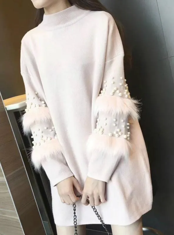 Women Sweater Knitted Dress Loose Pink Long Sleeve