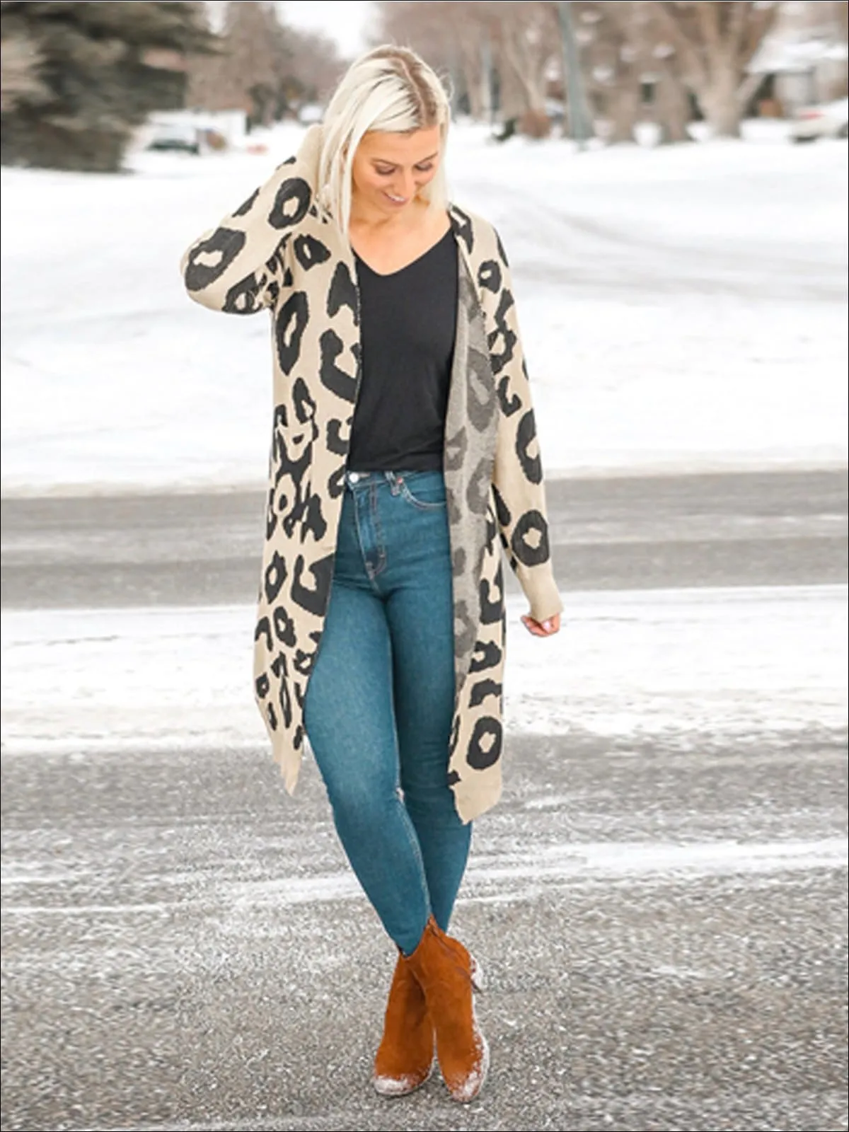 Women's Over-Sized Leopard Print Open Front Cardigan