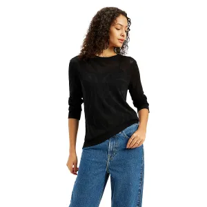 Women's Self Design Black Crew Neck Sweater